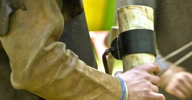 A man holding a drinking horn.