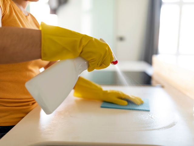A woman thoroughly cleaning and sanittizing a kitchen cxountertop.