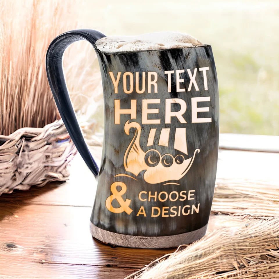 Horn tankard with custom text and symbol.